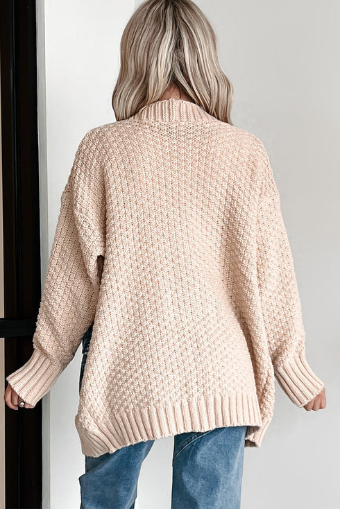 Open Front Textured Knit Denim Patch Pocket Cardigan